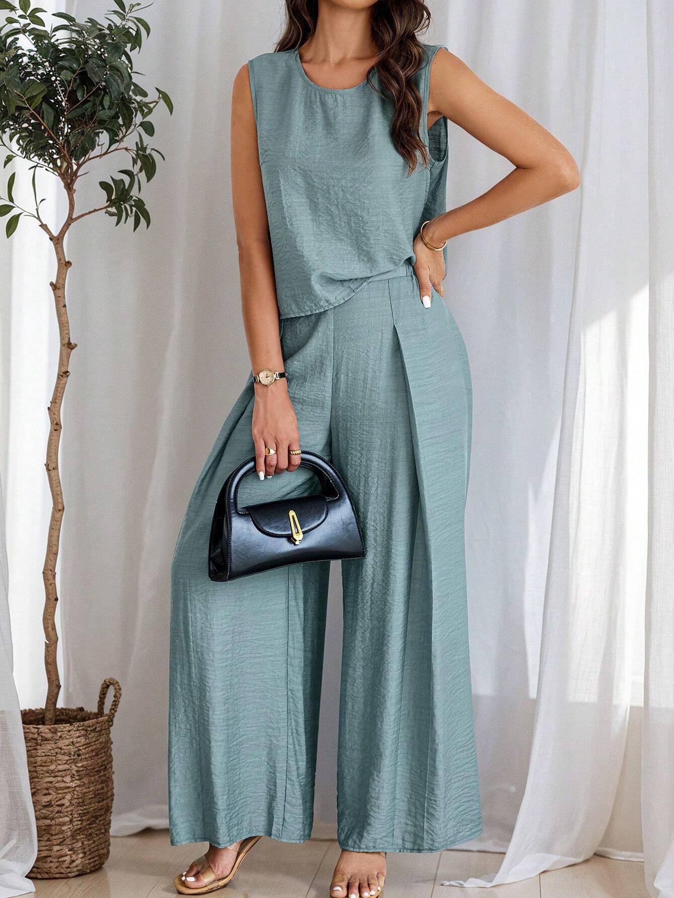 Women's Summer Solid Color Round Neck Top And Pleated Wide Leg Casual Casual Two-Piece Set