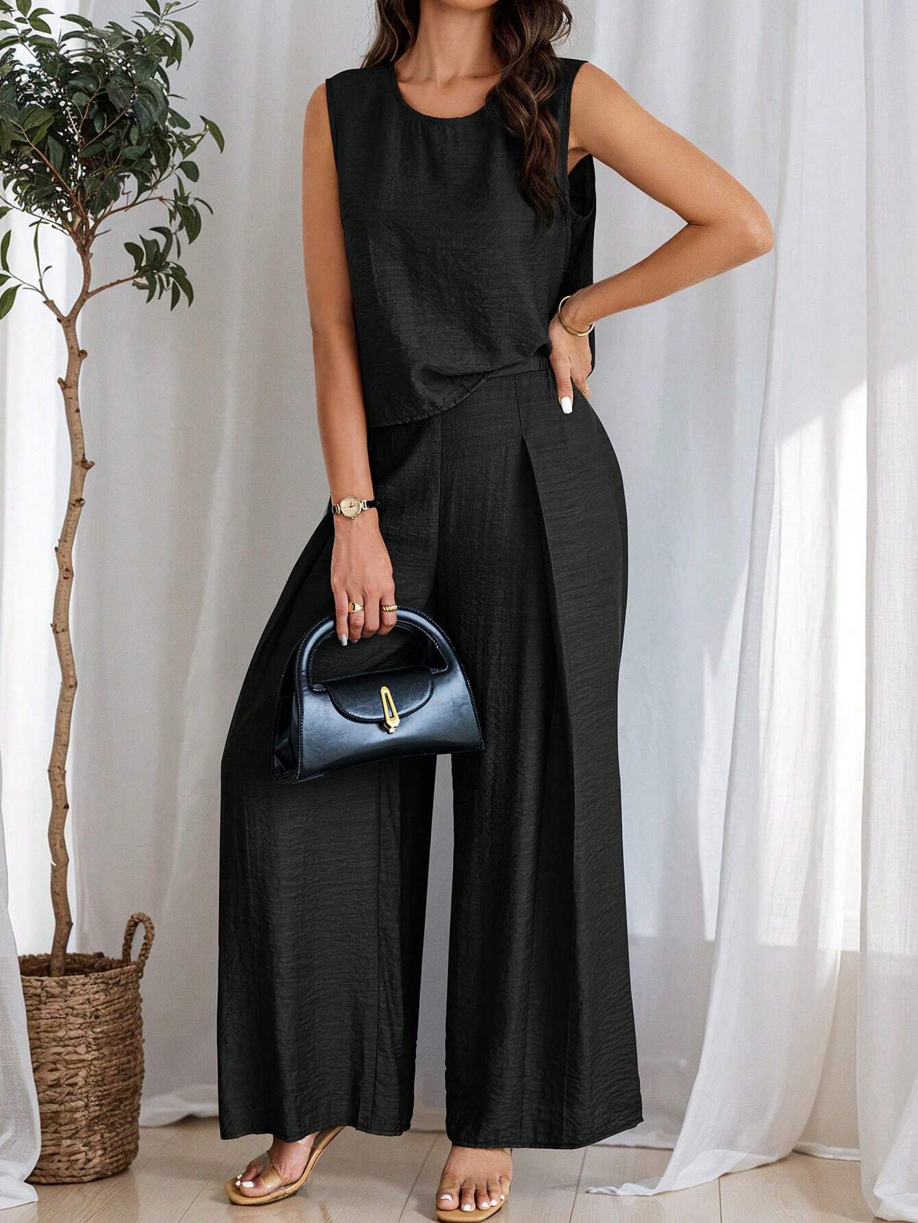 Women's Summer Solid Color Round Neck Top And Pleated Wide Leg Casual Casual Two-Piece Set