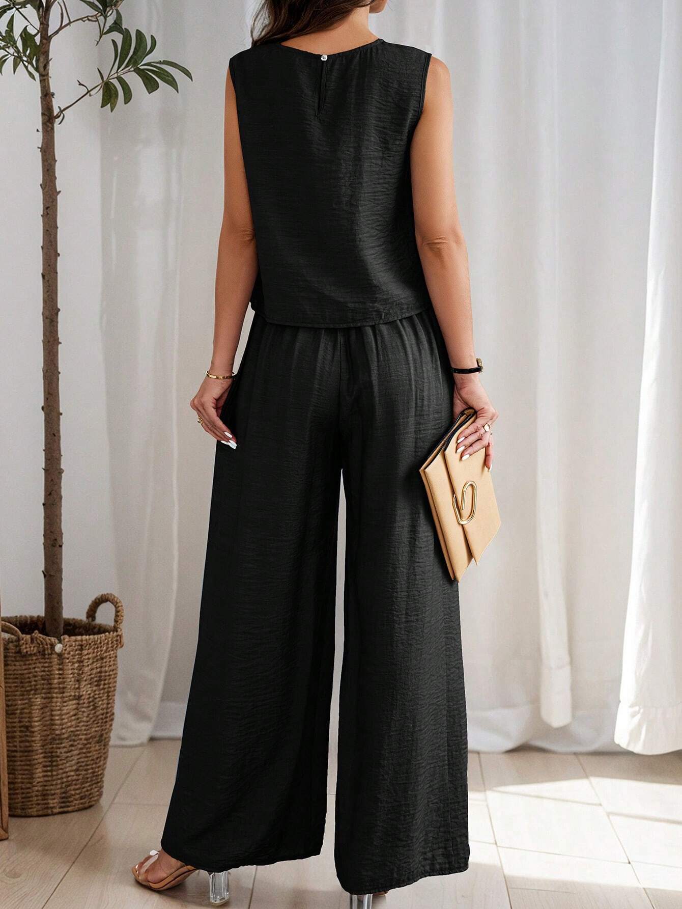 Women's Summer Solid Color Round Neck Top And Pleated Wide Leg Casual Casual Two-Piece Set