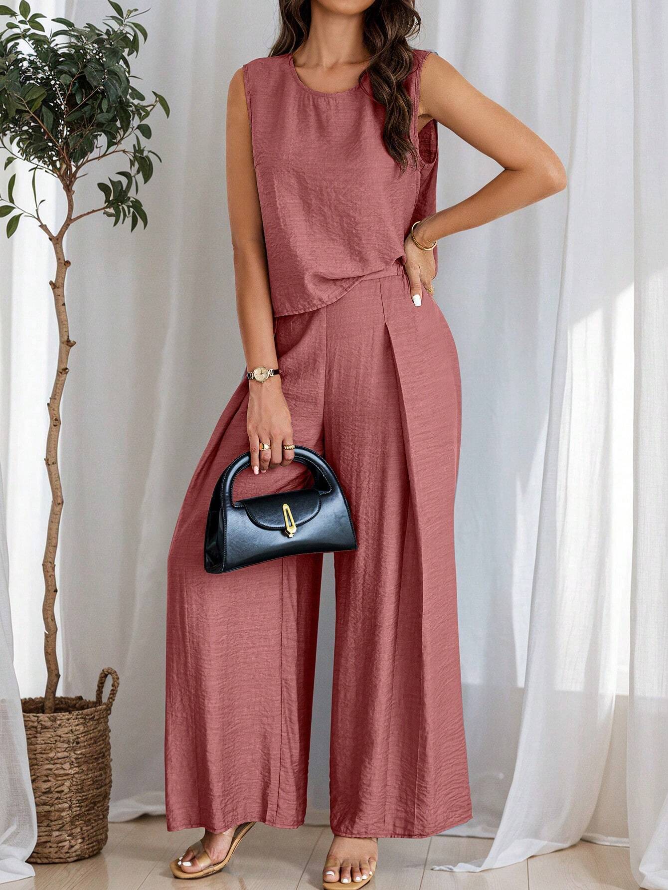 Women's Summer Solid Color Round Neck Top And Pleated Wide Leg Casual Casual Two-Piece Set