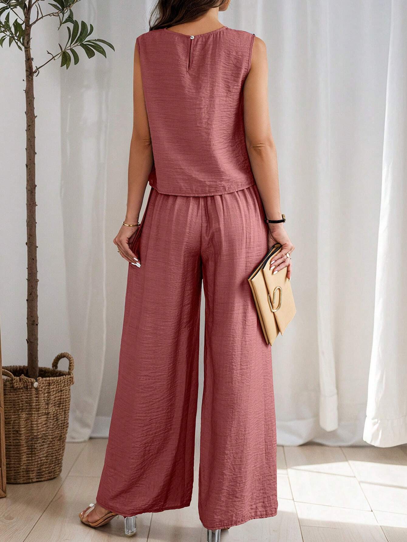 Women's Summer Solid Color Round Neck Top And Pleated Wide Leg Casual Casual Two-Piece Set