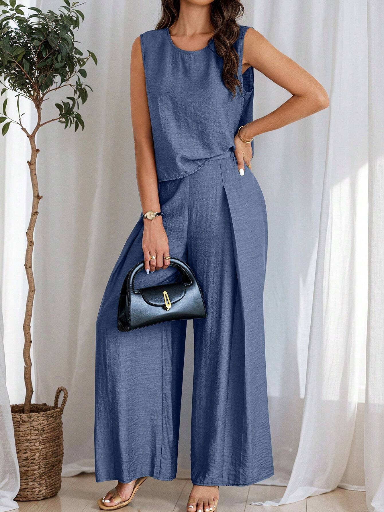 Women's Summer Solid Color Round Neck Top And Pleated Wide Leg Casual Casual Two-Piece Set