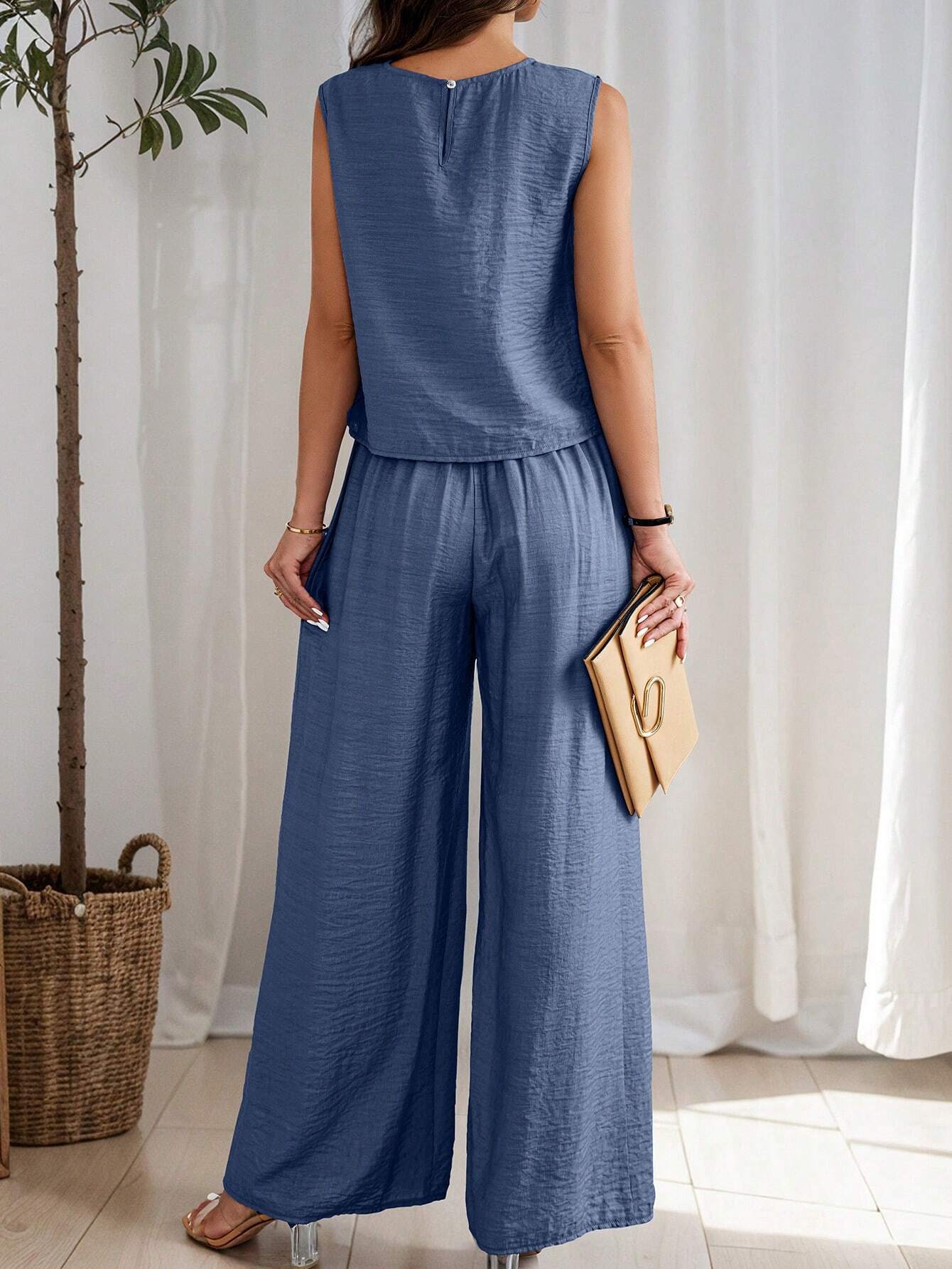 Women's Summer Solid Color Round Neck Top And Pleated Wide Leg Casual Casual Two-Piece Set
