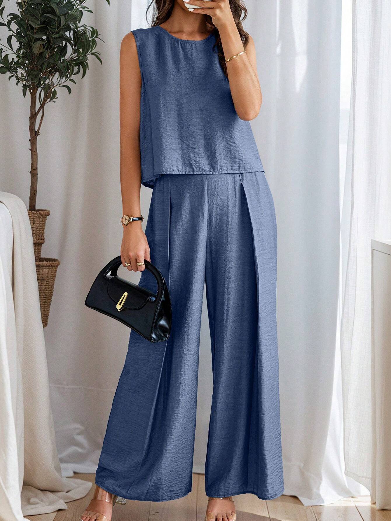 Women's Summer Solid Color Round Neck Top And Pleated Wide Leg Casual Casual Two-Piece Set