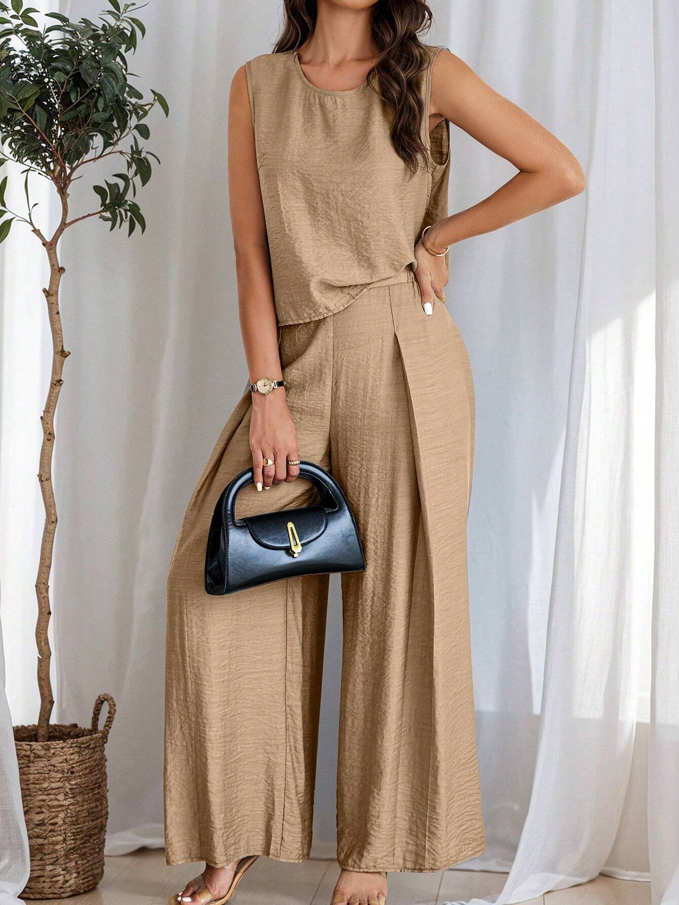 Women's Summer Solid Color Round Neck Top And Pleated Wide Leg Casual Casual Two-Piece Set