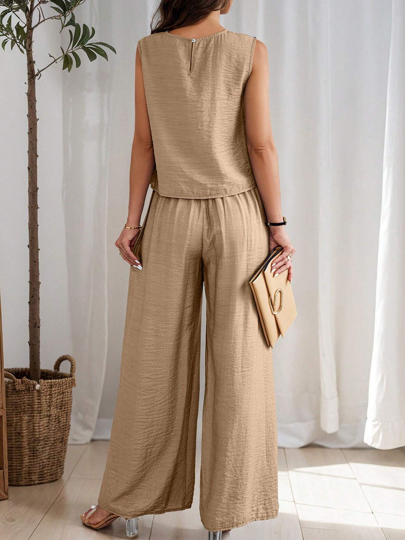 Women's Summer Solid Color Round Neck Top And Pleated Wide Leg Casual Casual Two-Piece Set