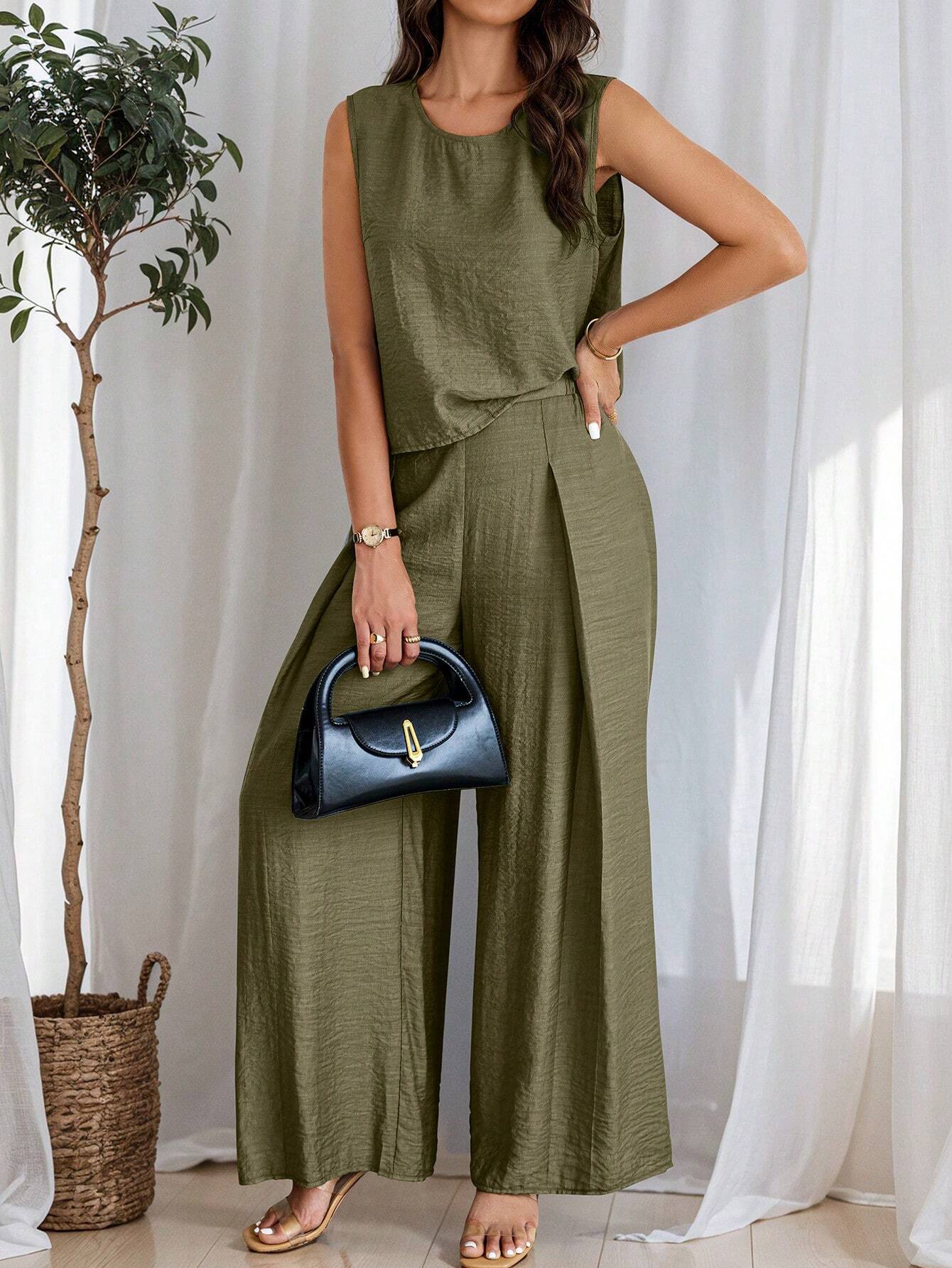 Women's Summer Solid Color Round Neck Top And Pleated Wide Leg Casual Casual Two-Piece Set