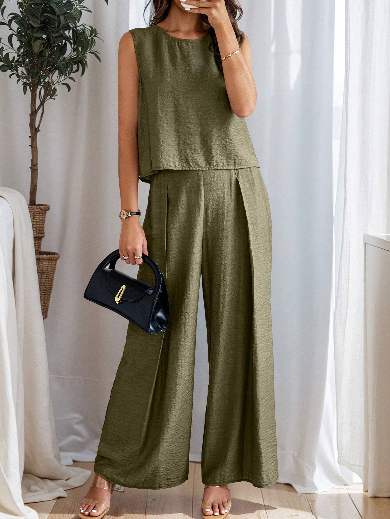 Women's Summer Solid Color Round Neck Top And Pleated Wide Leg Casual Casual Two-Piece Set