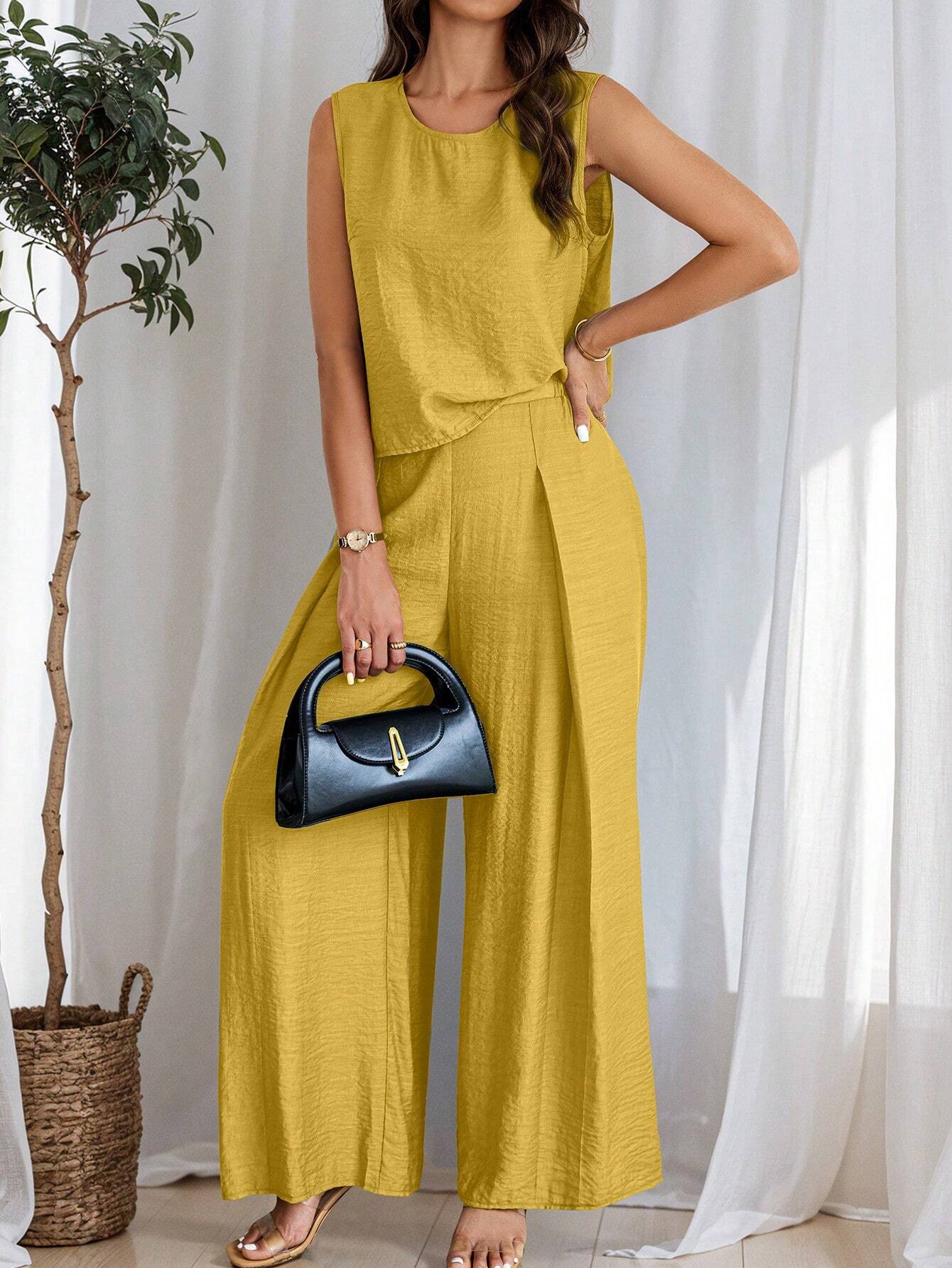 Women's Summer Solid Color Round Neck Top And Pleated Wide Leg Casual Casual Two-Piece Set