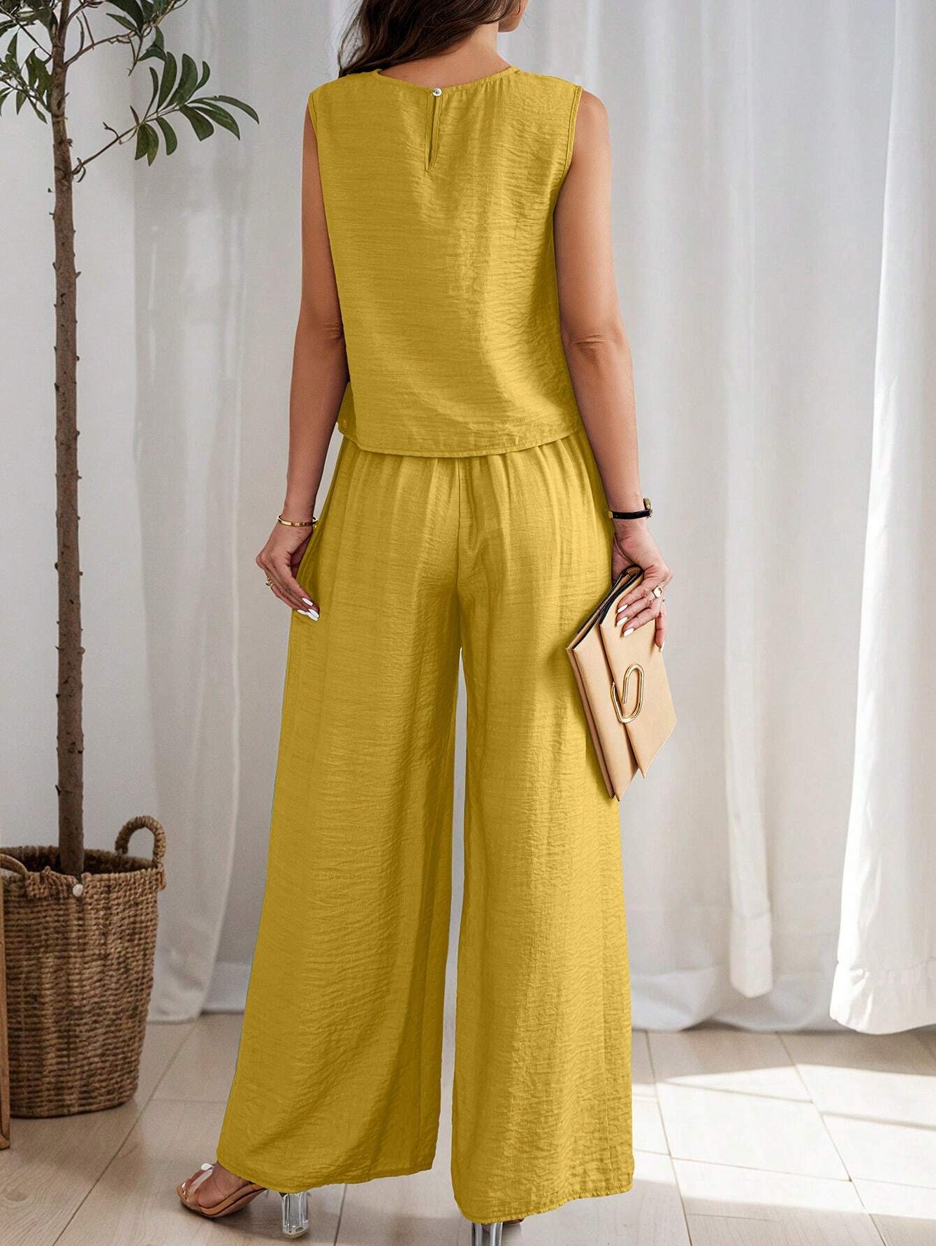 Women's Summer Solid Color Round Neck Top And Pleated Wide Leg Casual Casual Two-Piece Set