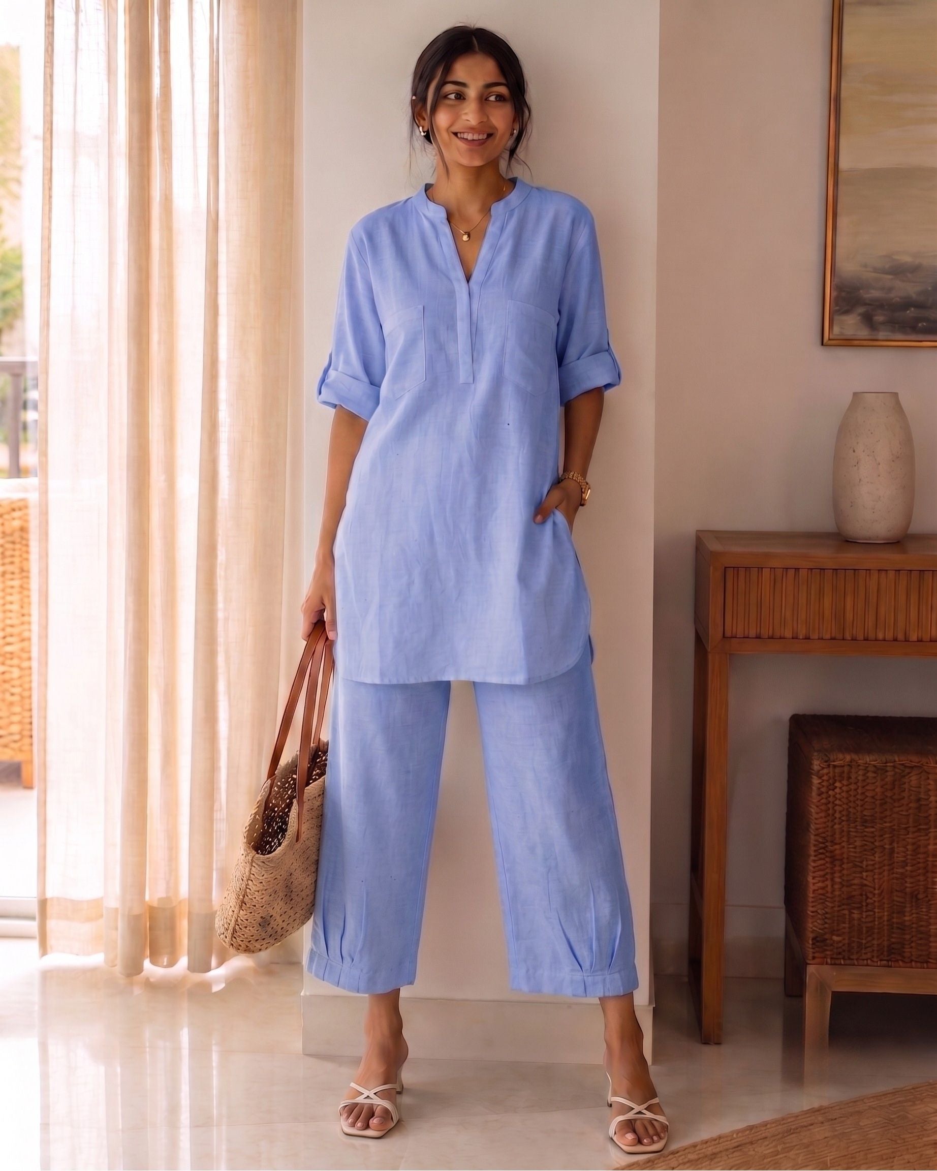 Sky BlueCasual Cotton Co-ord Set for Women