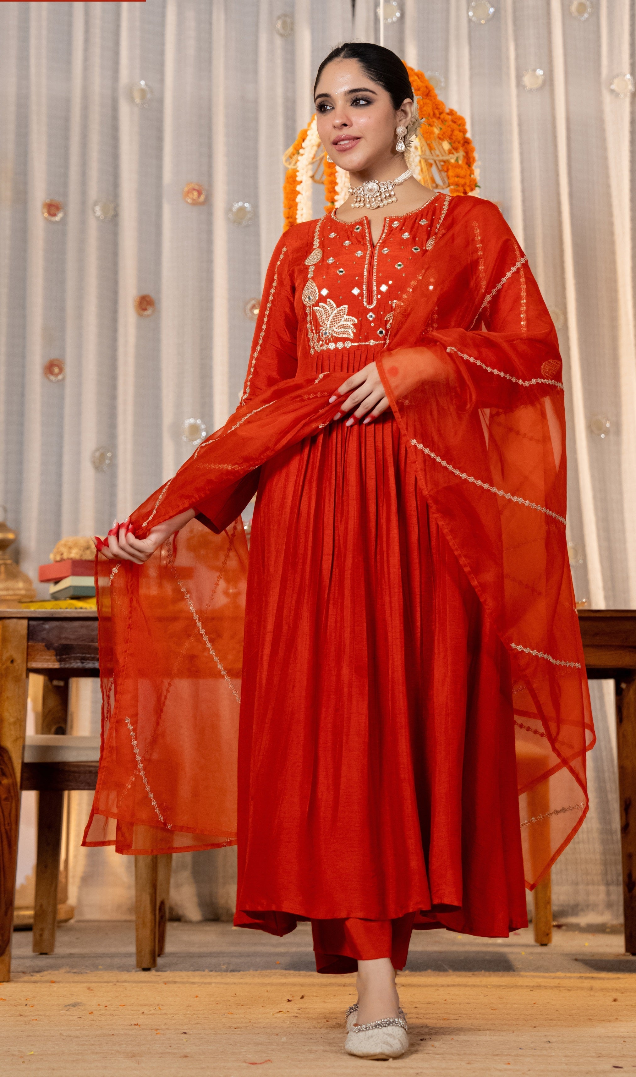 Elegant Red Embroidered Anarkali Kurta Set with Organza Dupatta for Women