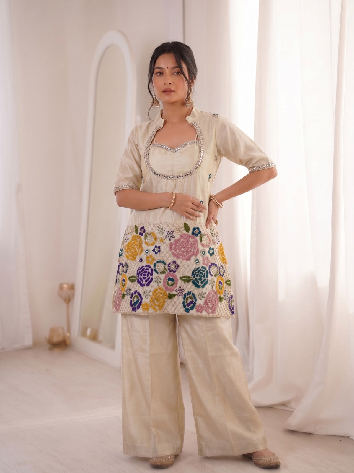 Ivory Floral Embroidered Kurta Palazzo Set