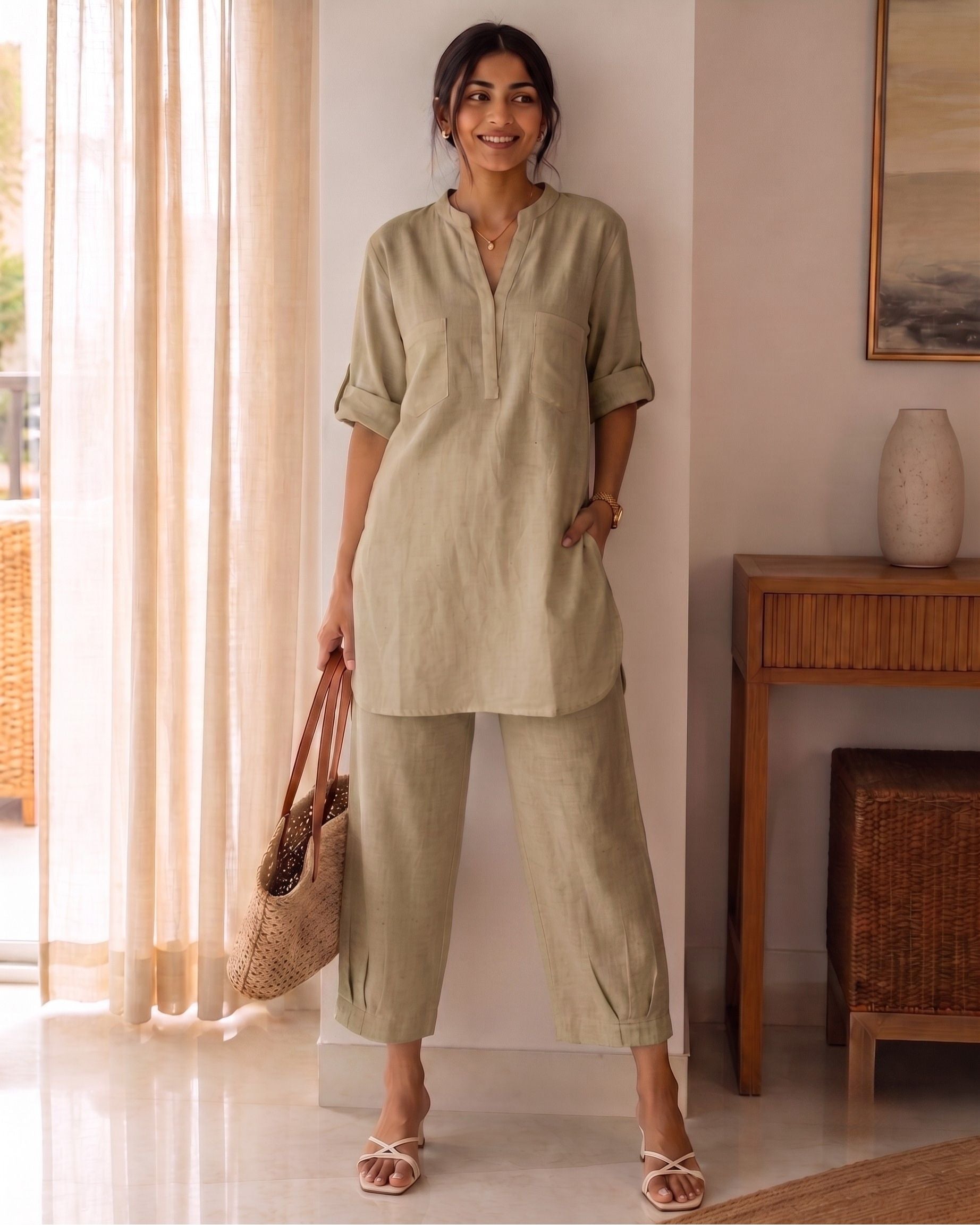 Sage Green Casual Cotton Co-ord Set for Women
