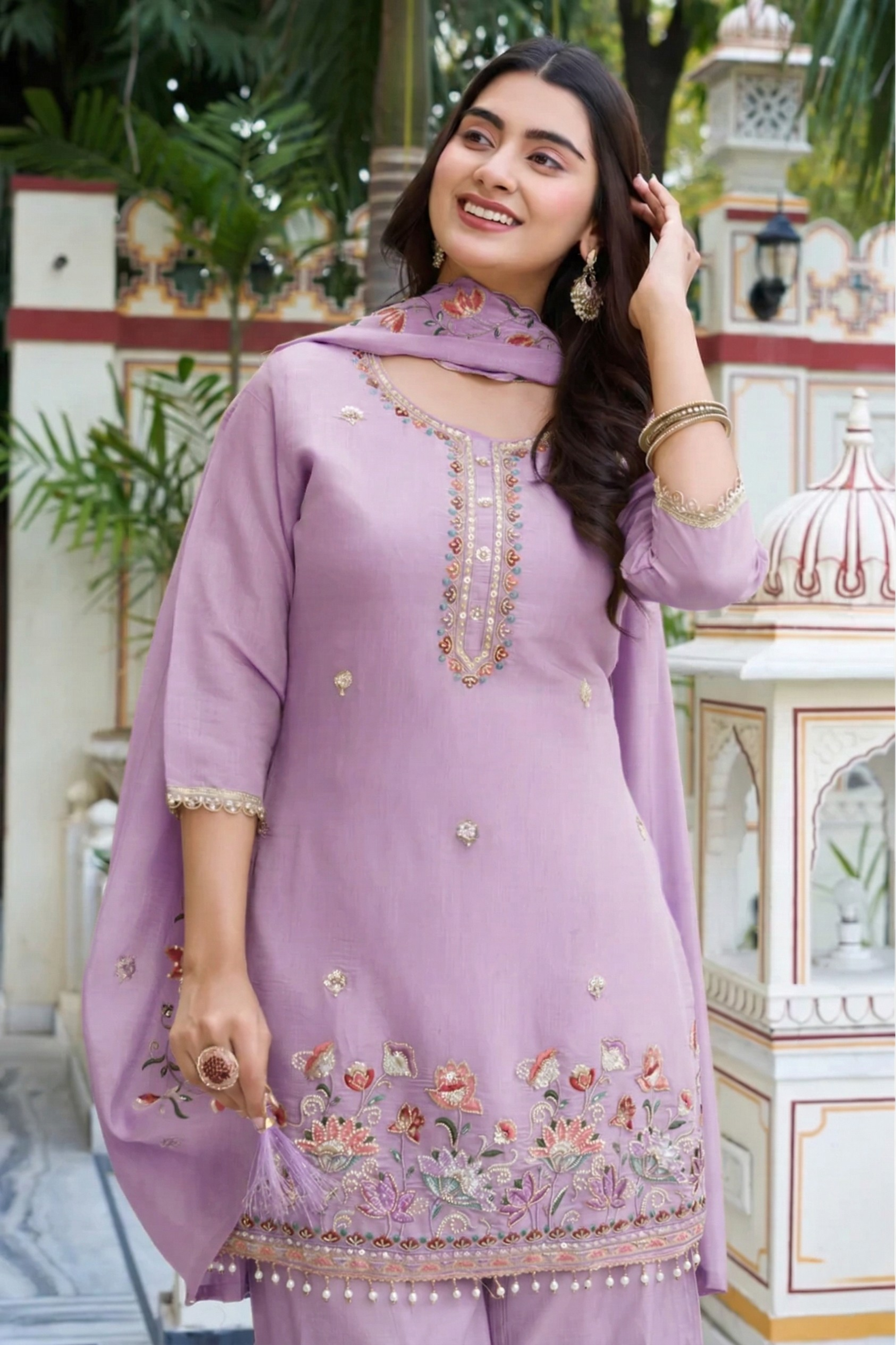 Elegant Pastel Embroidered Kurta Palazzo Set with Dupatta – Ethnic Party Wear Suit