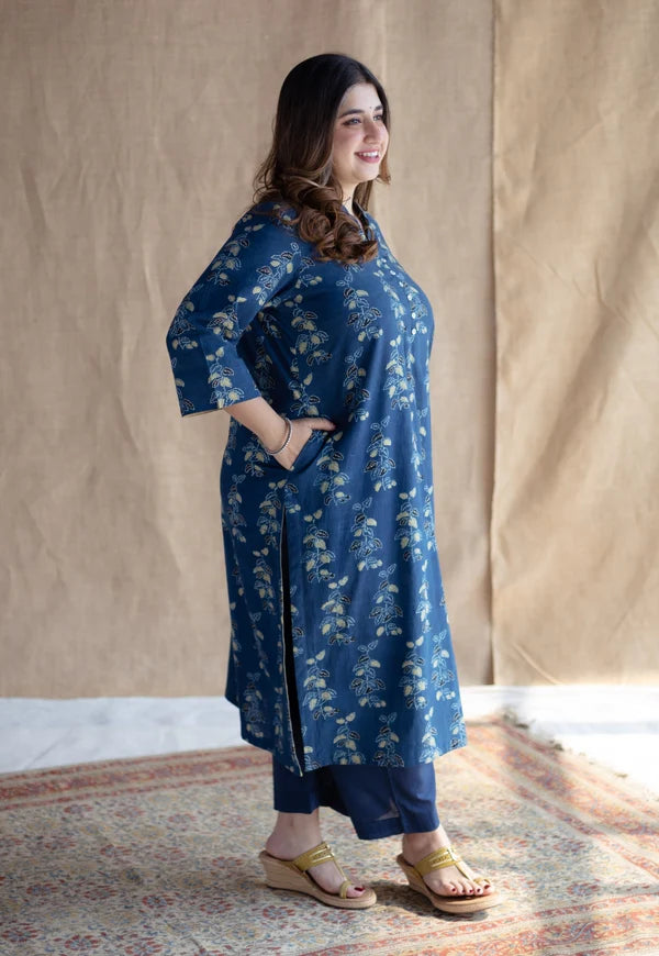 Navy Blue Handblock Printed Kurta Set with Pants