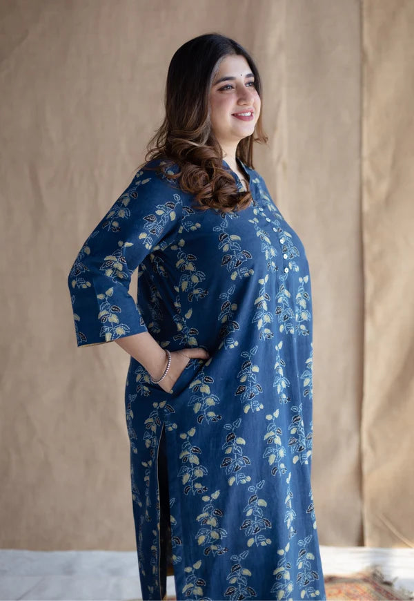 Navy Blue Handblock Printed Kurta Set with Pants