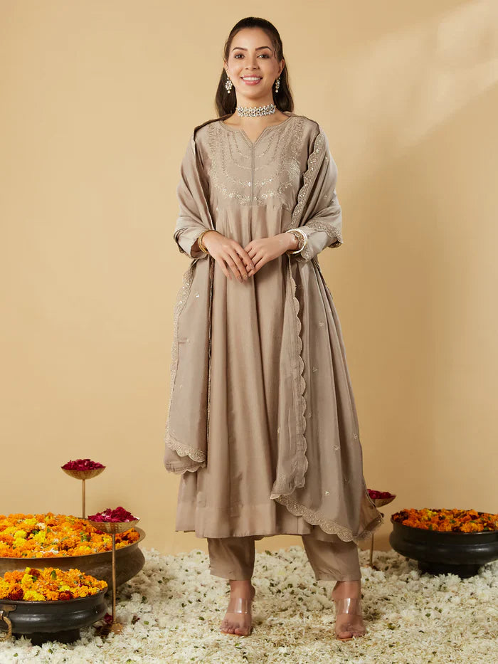 Elegant Taupe Embroidered Kurta Set with Dupatta for Women