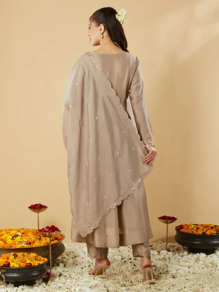 Elegant Taupe Embroidered Kurta Set with Dupatta for Women