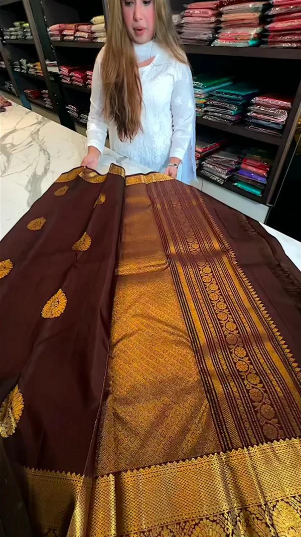 Brood Brown Soft Banarasi Silk Saree With Fancifull Blouse Piece