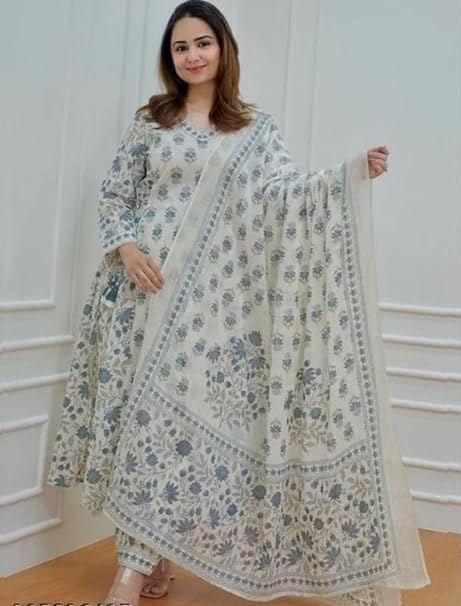 Blue White Cotton Afghani Kurti With Pant & Dupatta Set