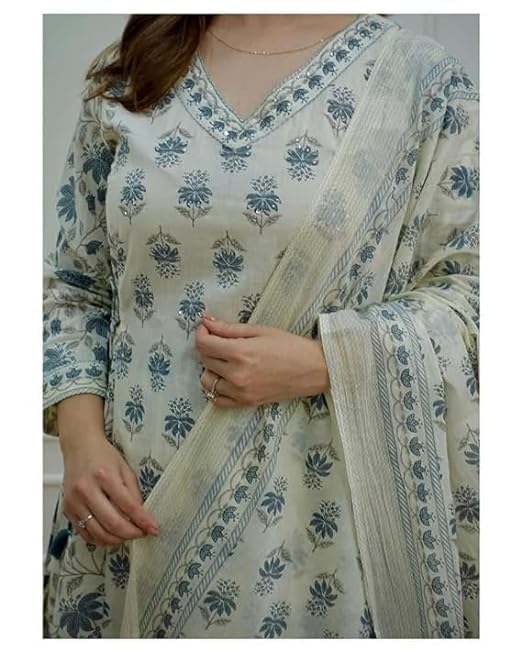 Blue White Cotton Afghani Kurti With Pant & Dupatta Set