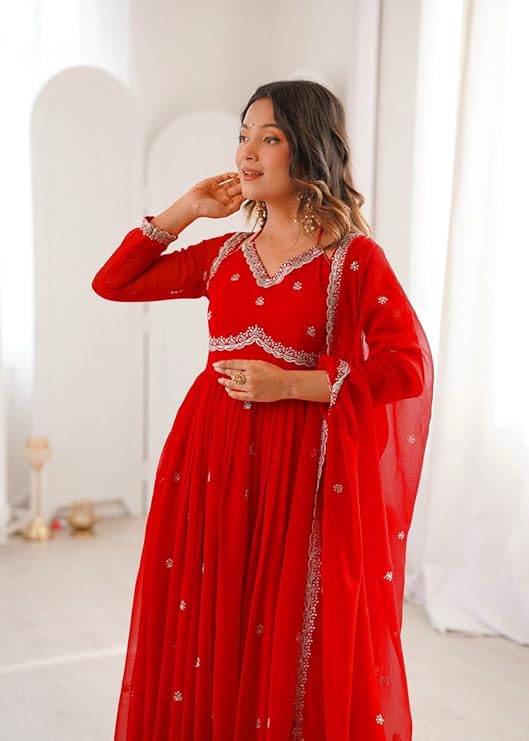 Red Embroidered Anarkali Suit Set with Dupatta