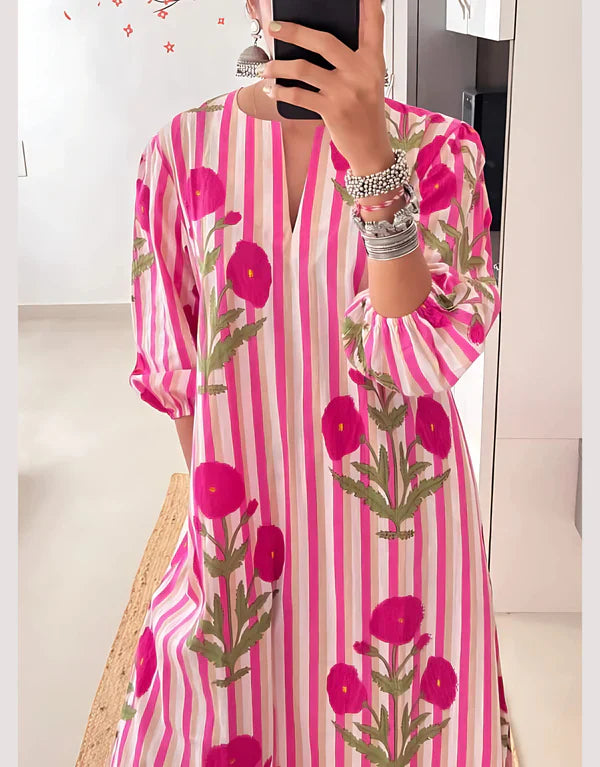 Pink & White Striped Floral Printed Cotton Kaftan Kurta