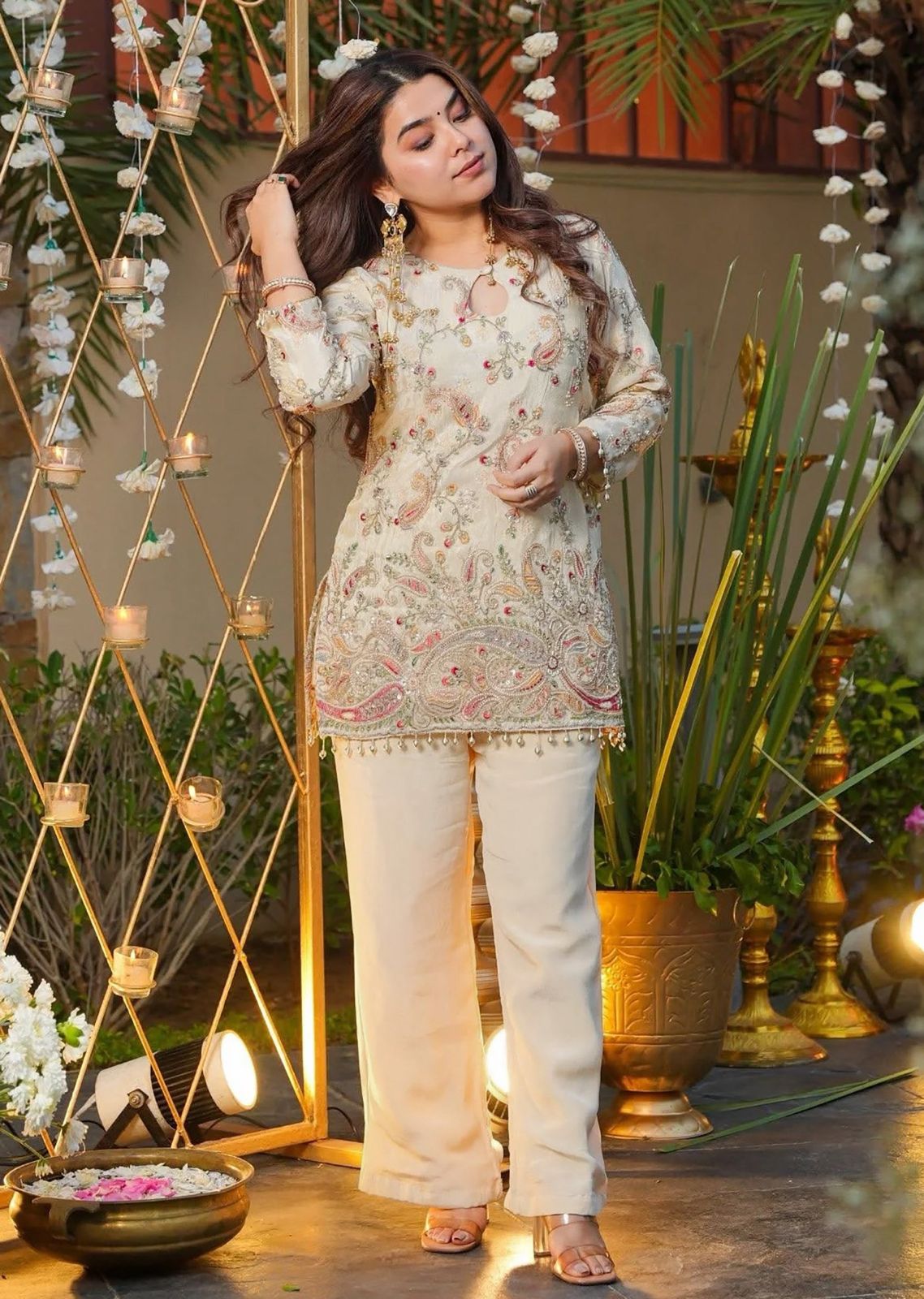 Women's Premium Embroidered Ivory Kurta & Palazzo Set