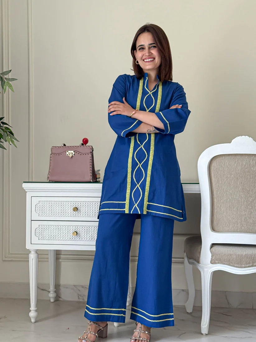 Royal Blue Cotton Kurta & Pant Co-ord Set with Contrast Embroidery