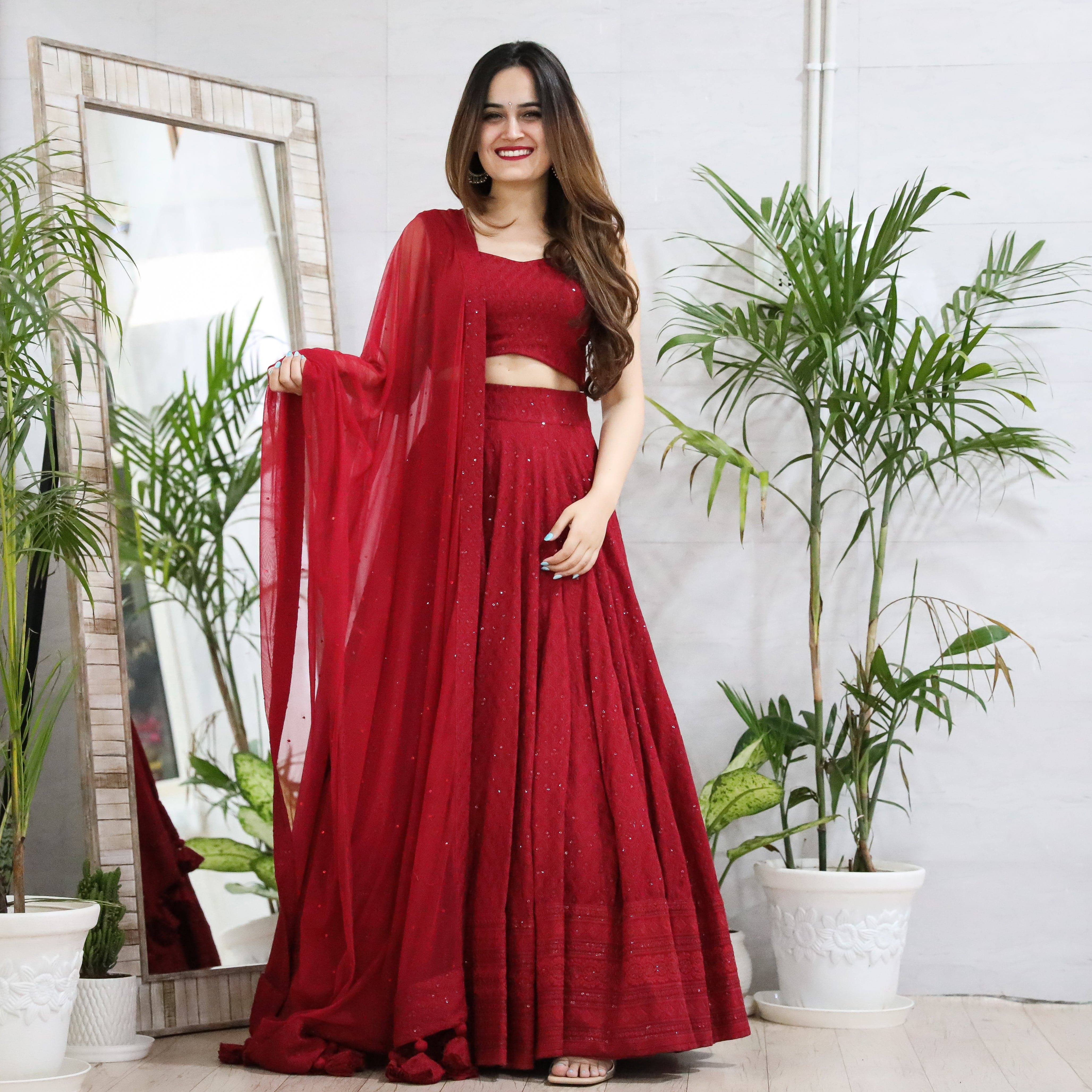 MAROON CHIKANKARI LEHENGA SET