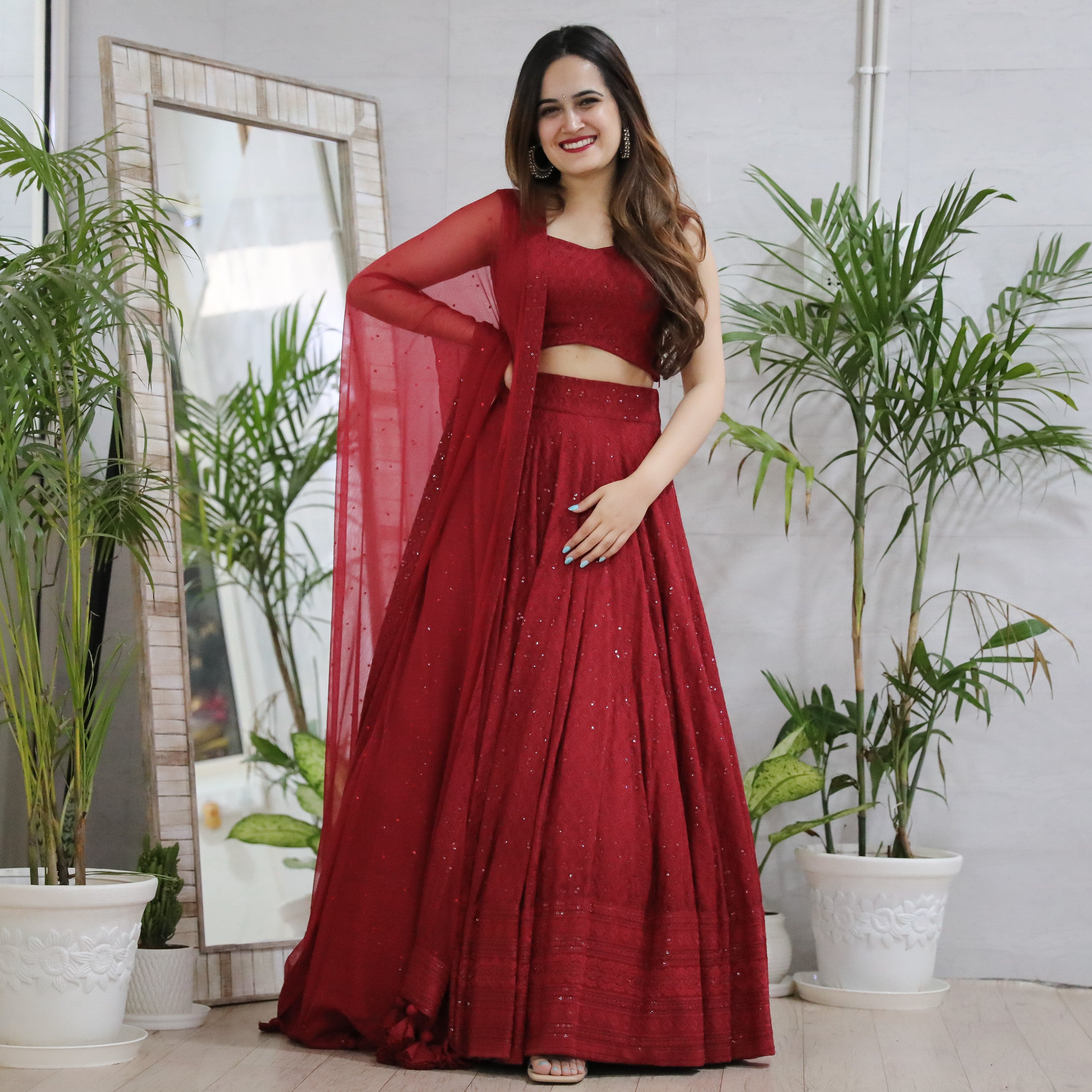 MAROON CHIKANKARI LEHENGA SET