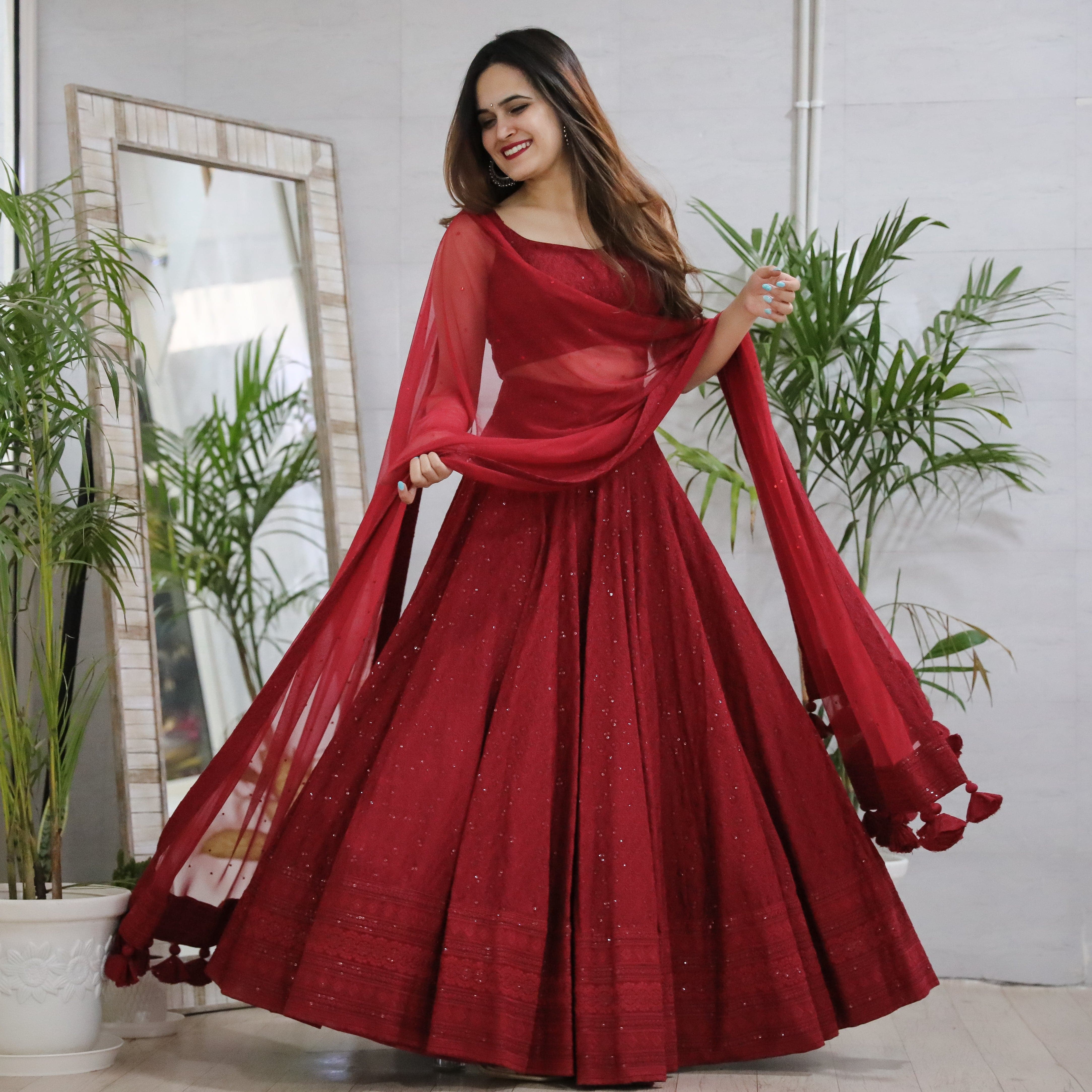 MAROON CHIKANKARI LEHENGA SET