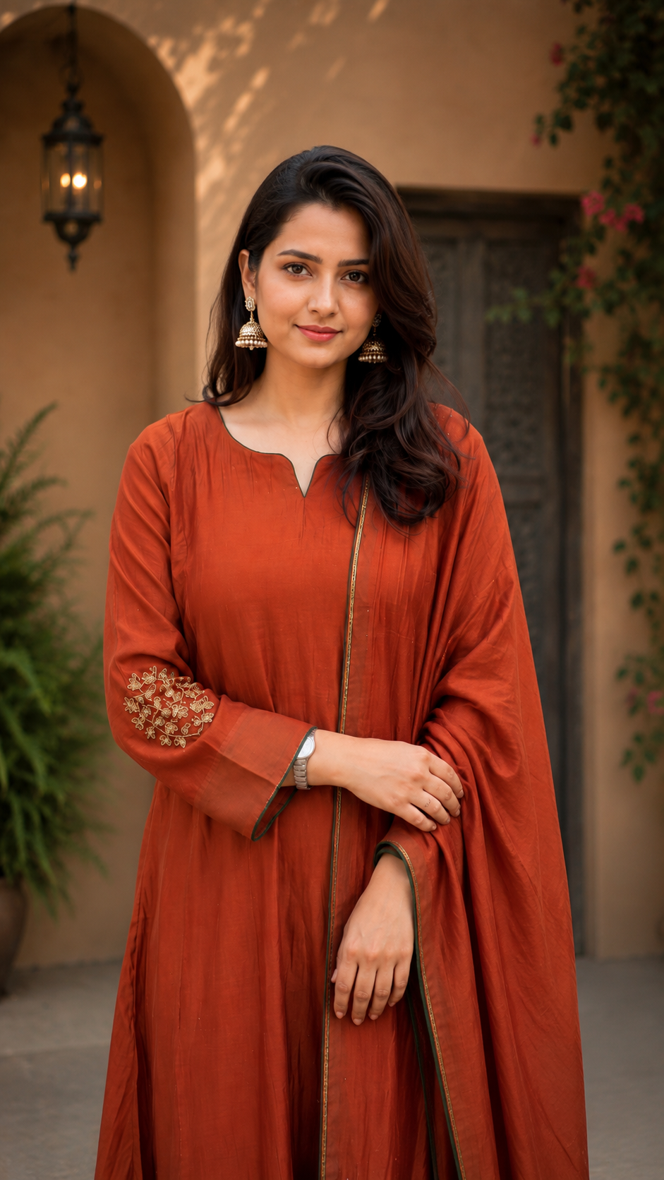 Women's Rust Orange Embroidered Kurta Palazzo Set with Dupatta