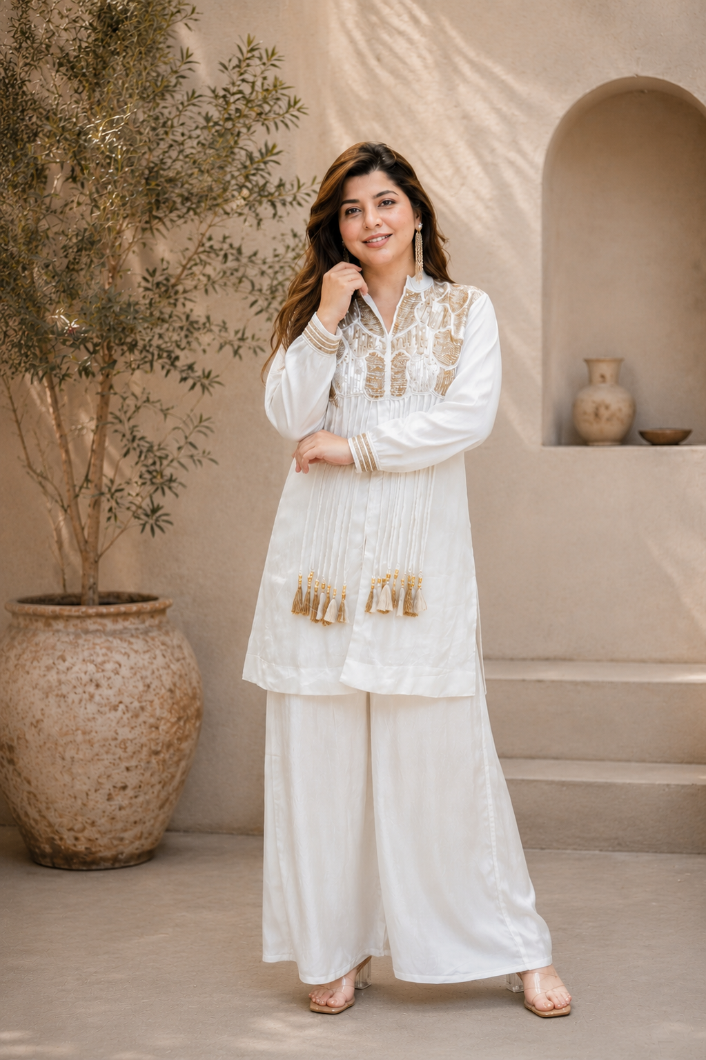 White Embroidered Tassel Co-Ord Set for Women