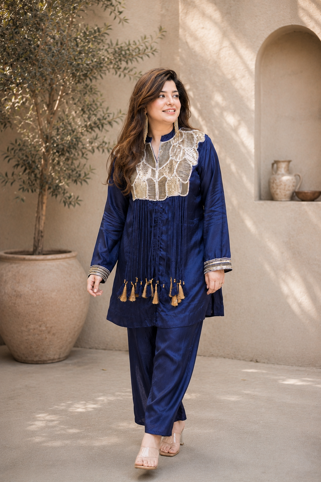 Navy Blue Embroidered Tassel Co-Ord Set for Women