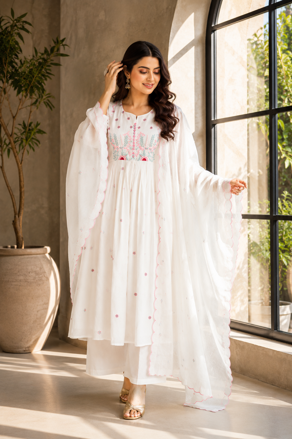 Elegant White Cotton Anarkali Suit Set with Floral Embroidery Dupatta