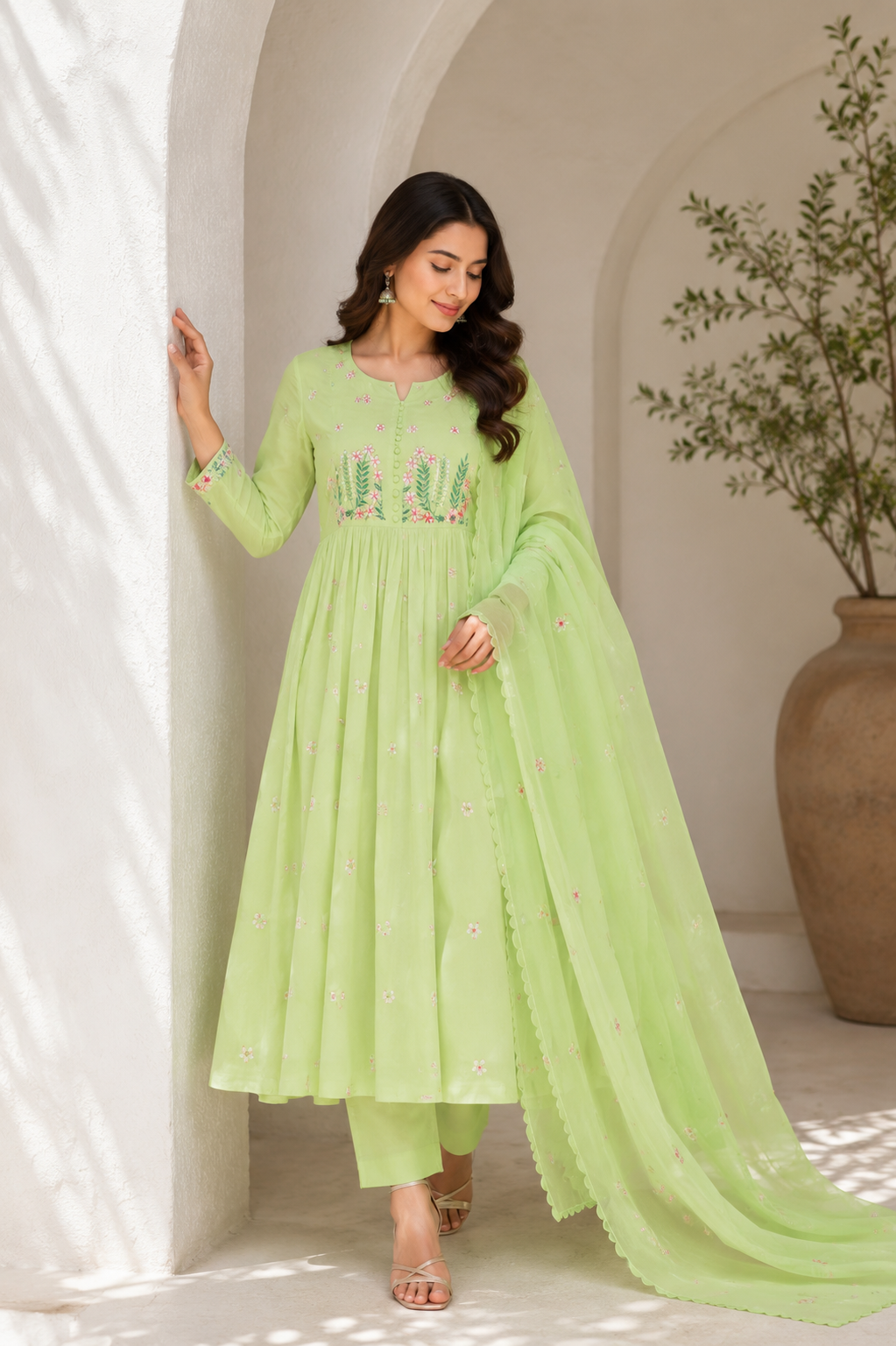 Pastel Green Cotton Anarkali Suit Set with Floral Embroidery Dupatta