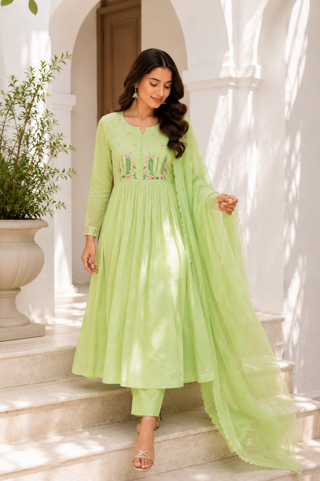 Pastel Green Cotton Anarkali Suit Set with Floral Embroidery Dupatta