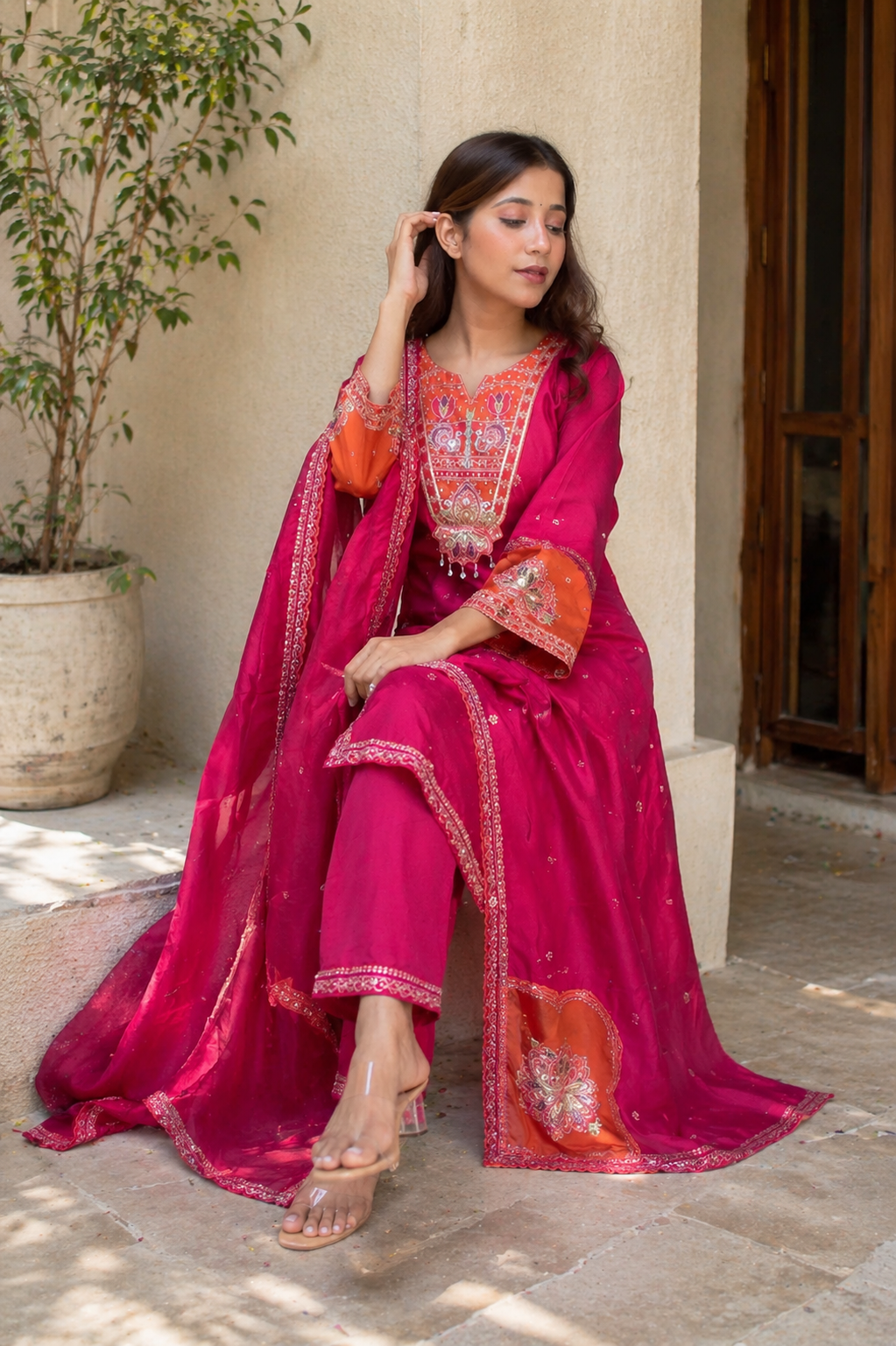 Women's Magenta Embroidered Kurta Pant Dupatta Set
