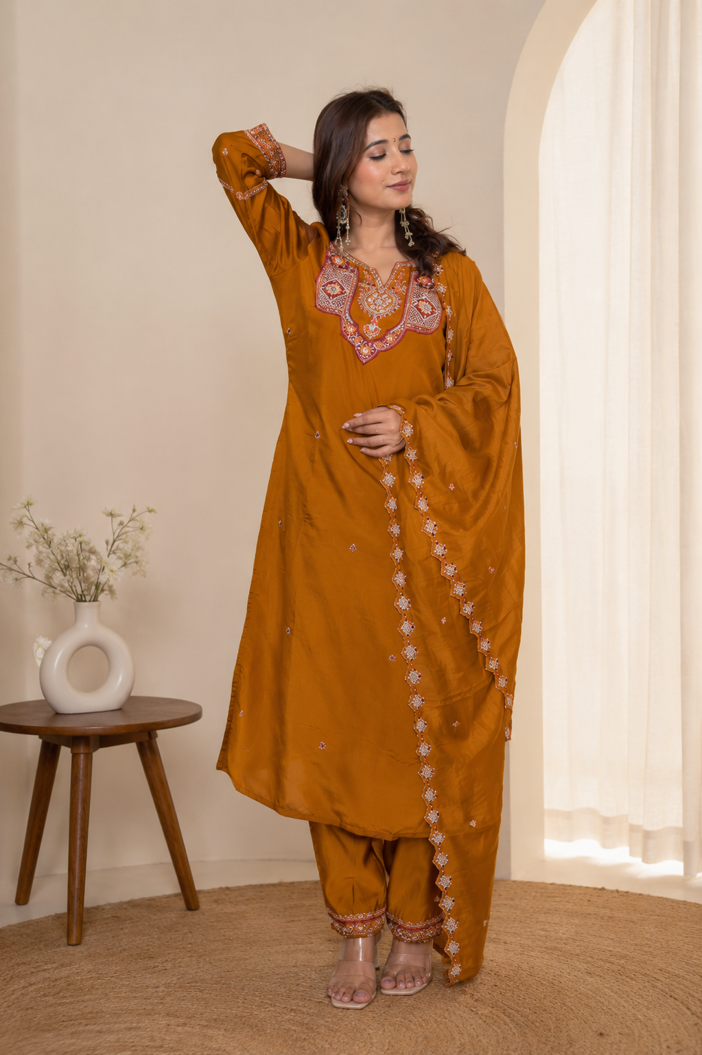 Women's Mustard Embroidered Kurta Pant Dupatta Set
