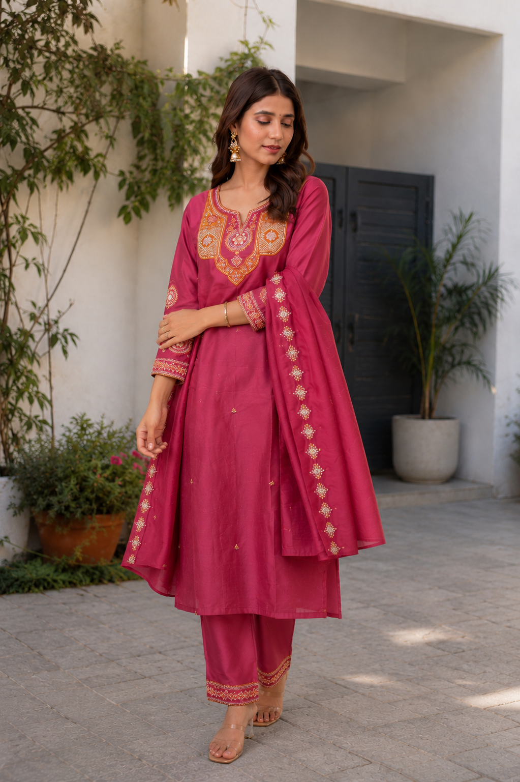 Women's Wine Magenta Embroidered Kurta Pant Dupatta Set