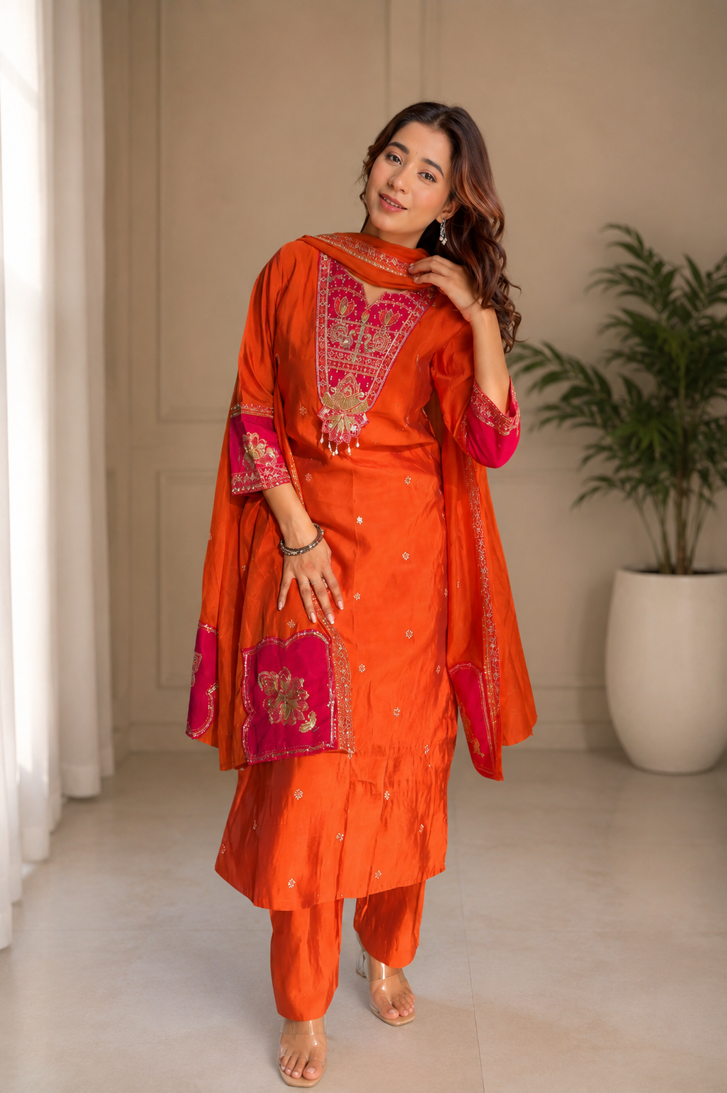 Women's Orange Embroidered Kurta Pant Dupatta Set