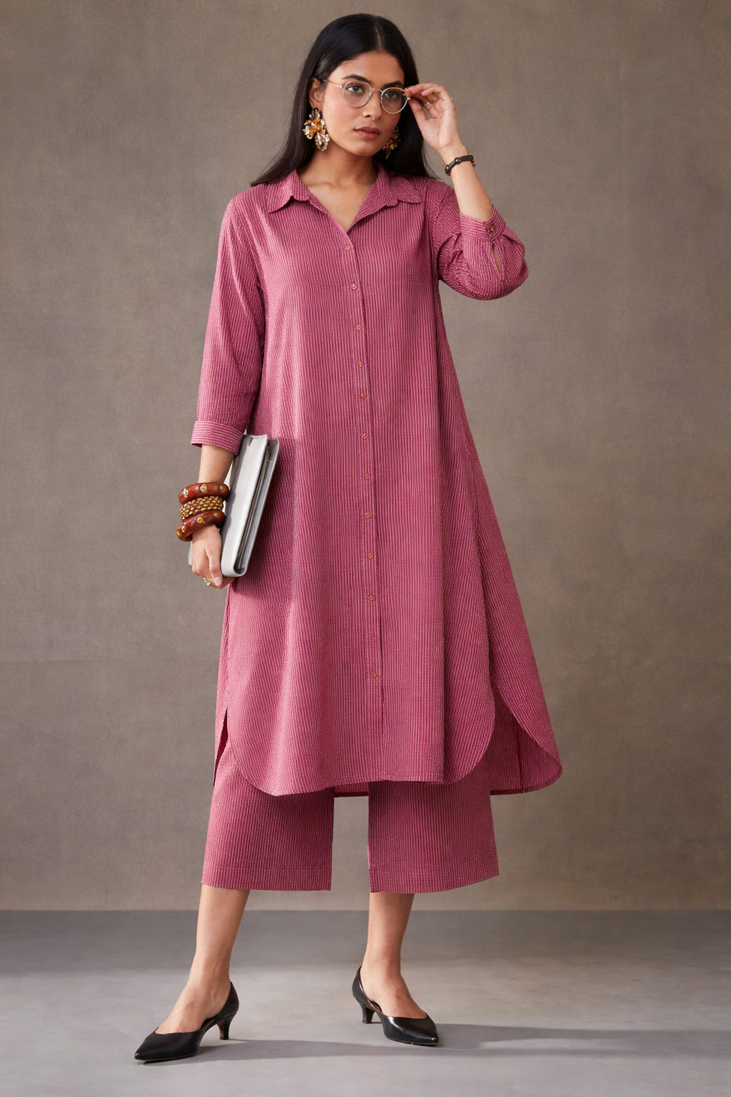 Women’s Rose Pink Striped Kurta with Culottes Set