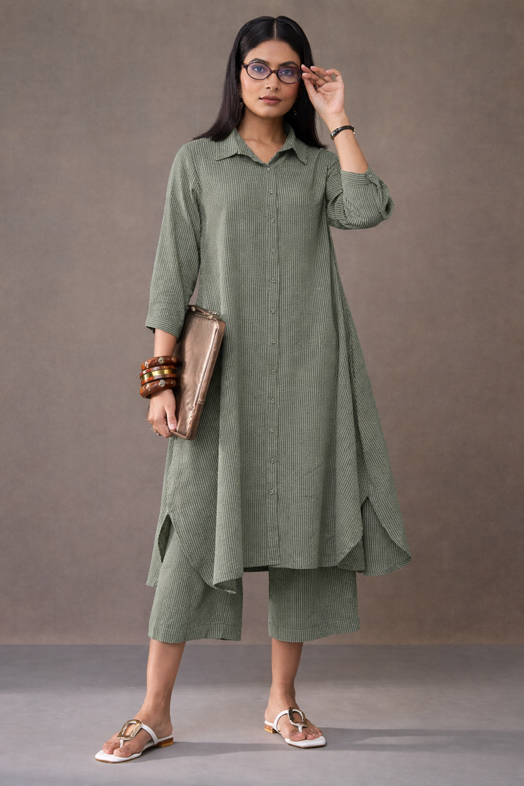 Women’s sage green Striped Kurta with Culottes Set