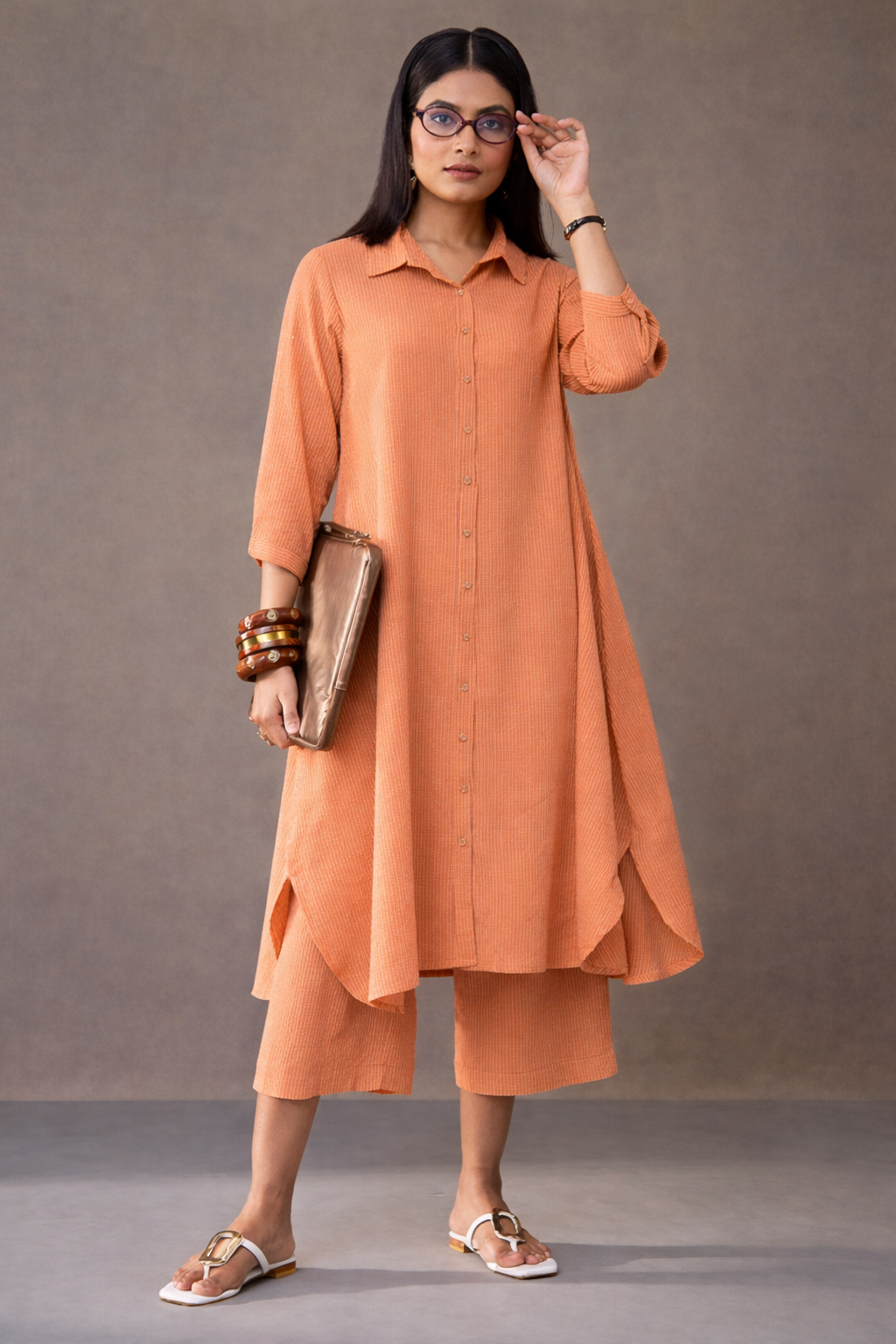 Women’s Peach OrangeStriped Kurta with Culottes Set