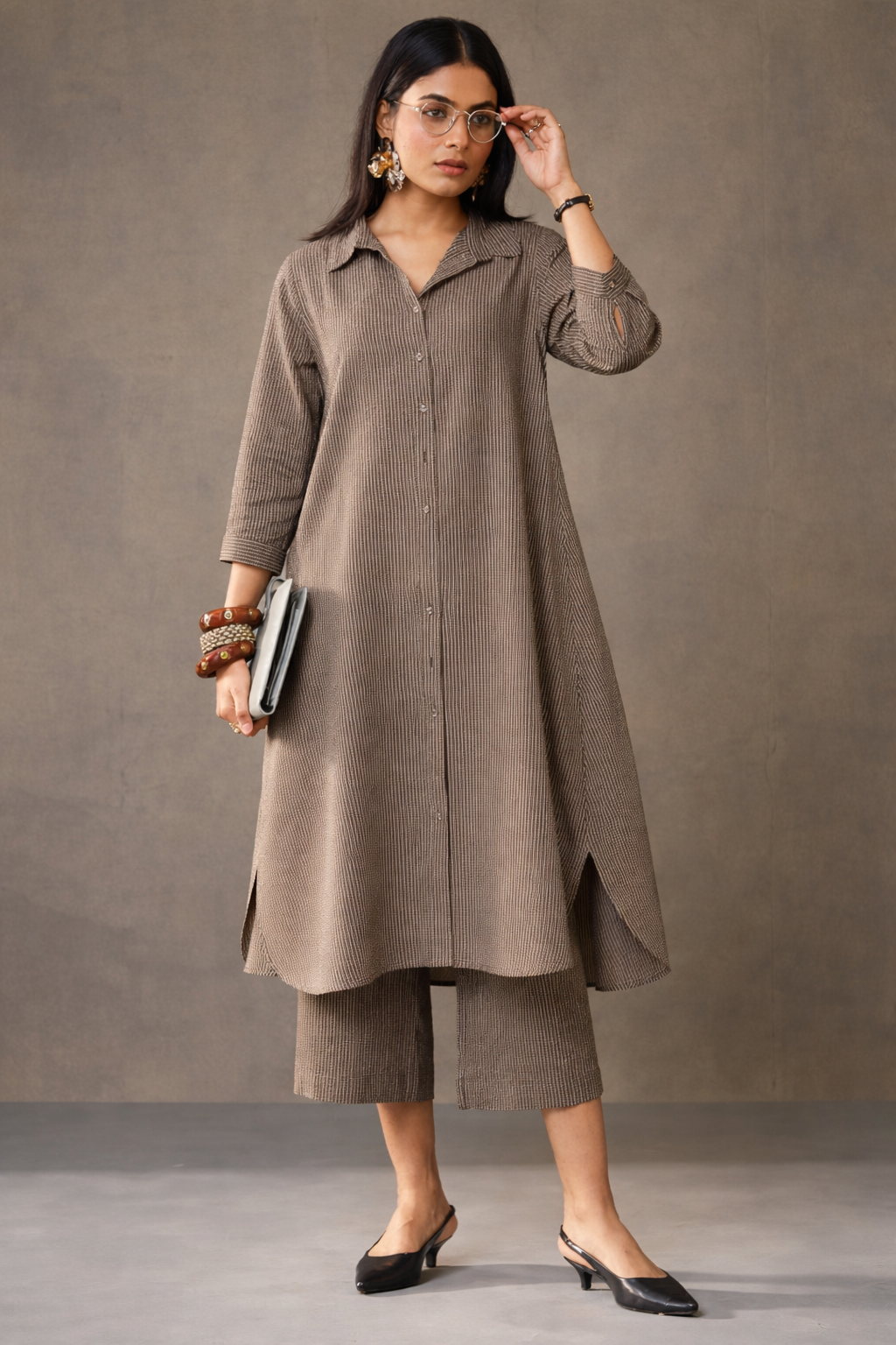 Women’s Taupe Striped Kurta with Culottes Set
