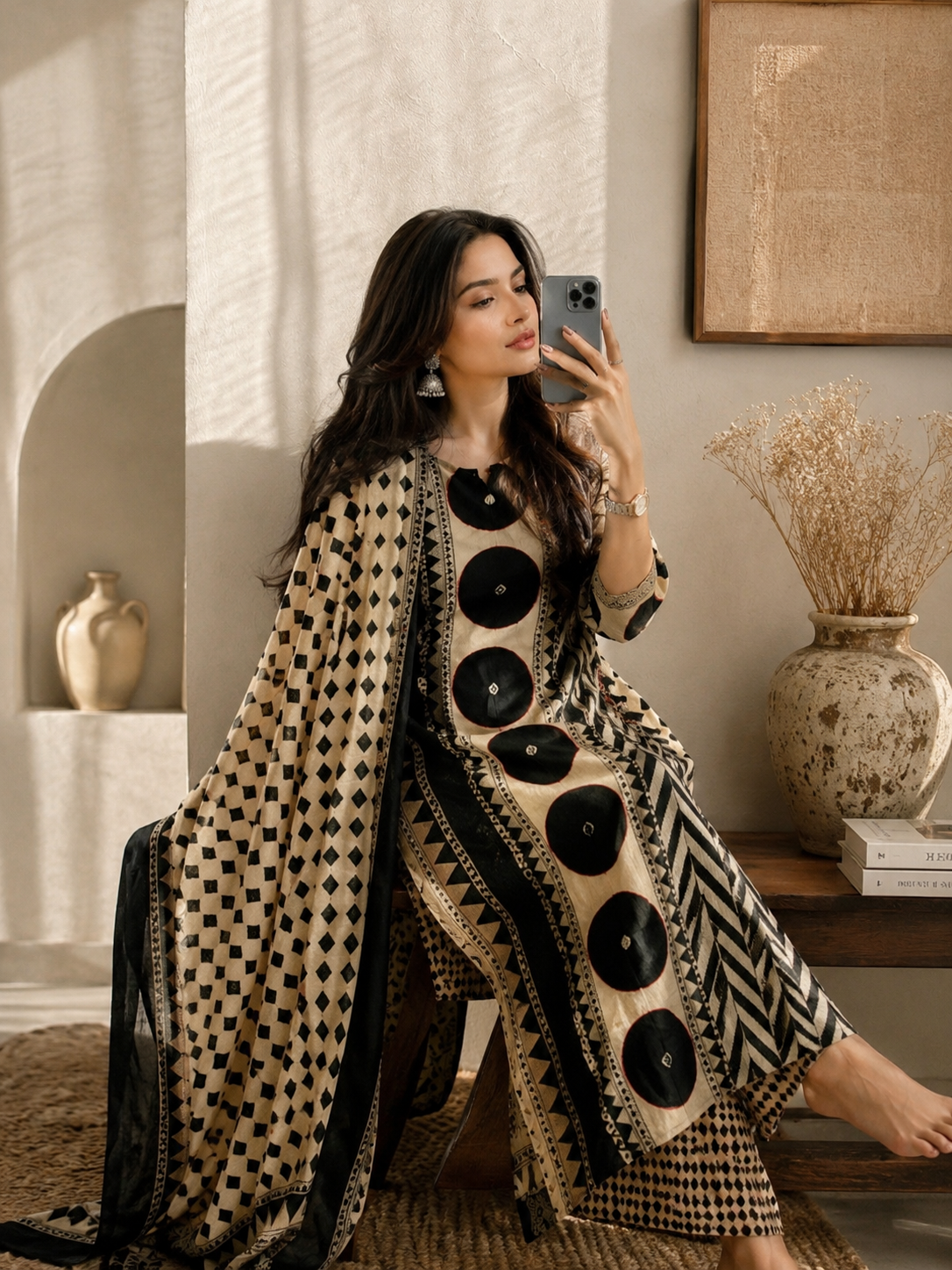 Elegant Black & Beige Printed Cotton Kurta Set with Dupatta