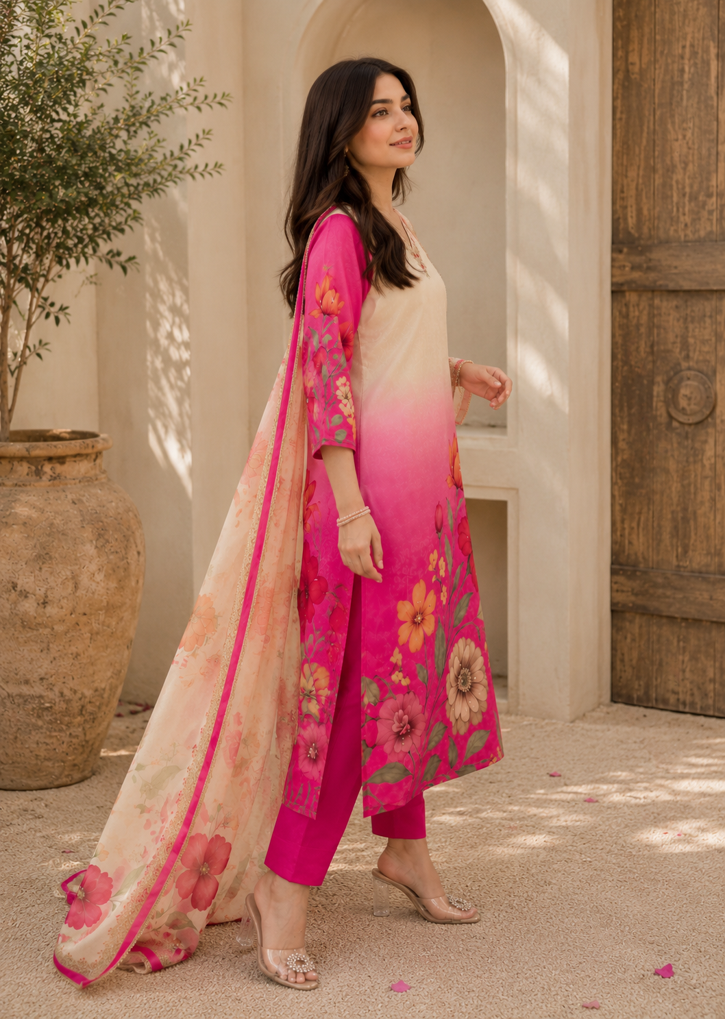 Pink Ombre Floral Print Ethnic Kurta Pant Dupatta Set