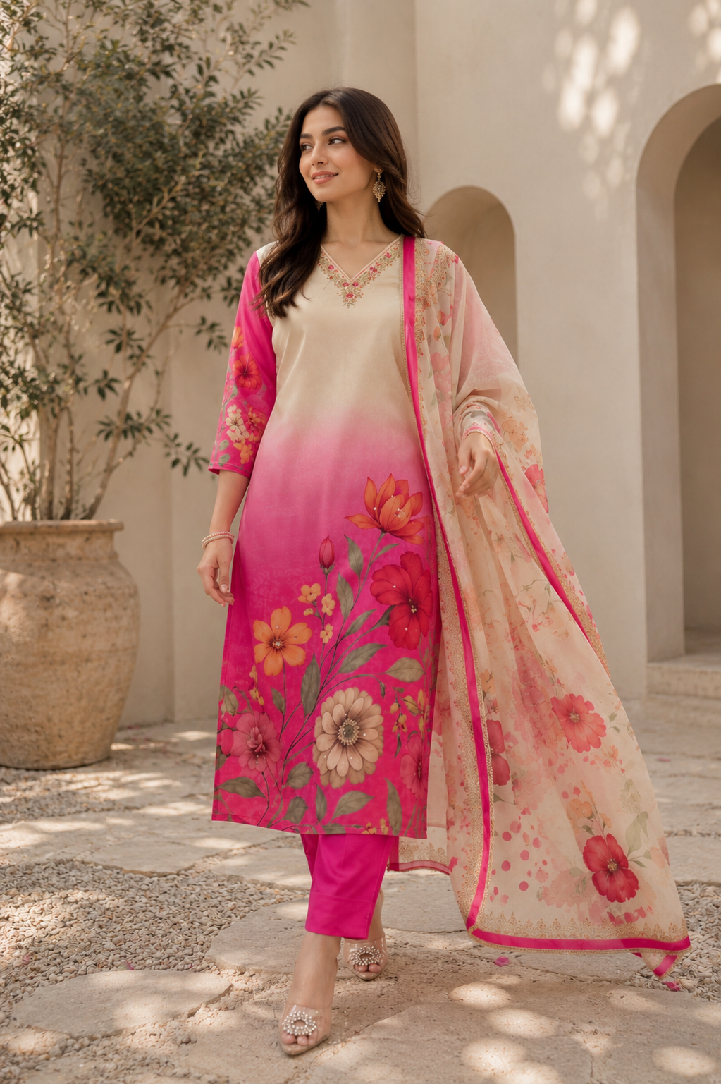 Pink Ombre Floral Print Ethnic Kurta Pant Dupatta Set